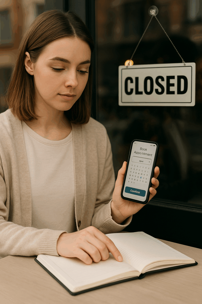 לקוחה קובעת תור דרך הסמארטפון בזמן שהעסק סגור – זימון תורים אונליין לעסקים קטנים